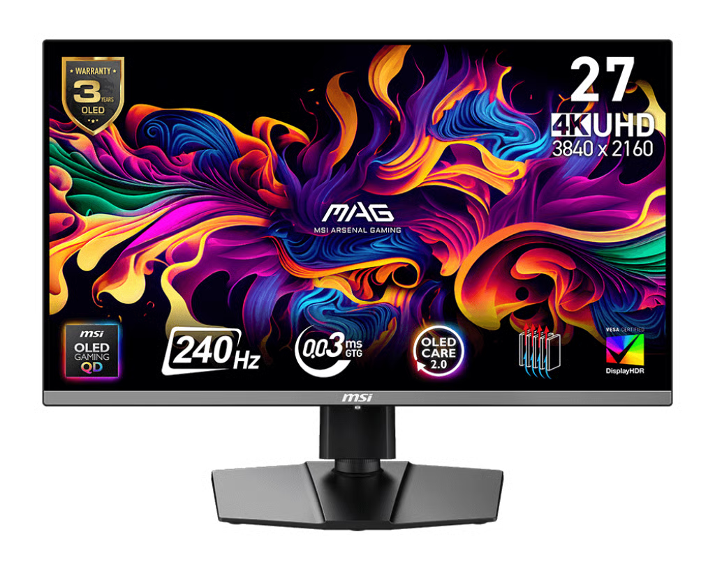 MSI 微星 MAG 272UP QD-OLED X24 電競顯示器 (26.5吋 / UHD [3840 x 2160] / 240Hz / 0.03ms QD-OLED / 10bits / DisplayHDR True Black 400 / Type-C 15W / HDMI 2.1 / 4軸人體工學支架)