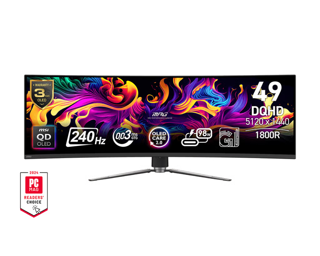 MSI 微星 MPG 491CQPX QD-OLED 量子點曲面電競顯示器 (49吋 / DQHD [5120 x 1440] / 0.03ms 240Hz / QD-OLED / 10bits / DisplayHDR True Black 400 / Type-C 90W / HDMI 2.1)