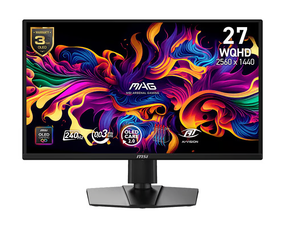 MSI 微星 MAG 272QP QD-OLED X24 電競顯示器 [MO-MA27Q24] (26.5吋 / WQHD [2560 x 1440] 240Hz / QD-OLED / G-Sync Compatible & AMD FreeSync™ Premium / HDMI 2.1 / VESA DisplayHDR True Black 400 / Type-C 15W / 4軸人體工學支架) - 3年上門保養保養