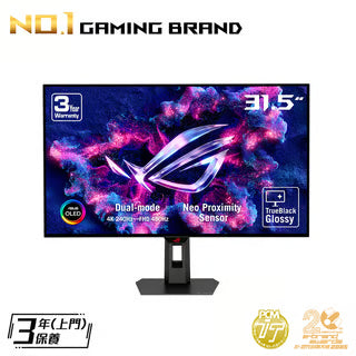ASUS 華碩 ROG Strix OLED XG32UCWMG 雙模式電競顯示器 (31.5吋 / 4K UHD [3840 x 2160] 240Hz & FHD [1920 x 1080] 480Hz 雙模式顯示 / 0.03ms(GtG) / WOLED 10 bit / HDR400 / FreeSync Premium Pro + G-Sync Compatible / HDMI 2.1 / Type-C 15W / 3軸人體工學支架)
